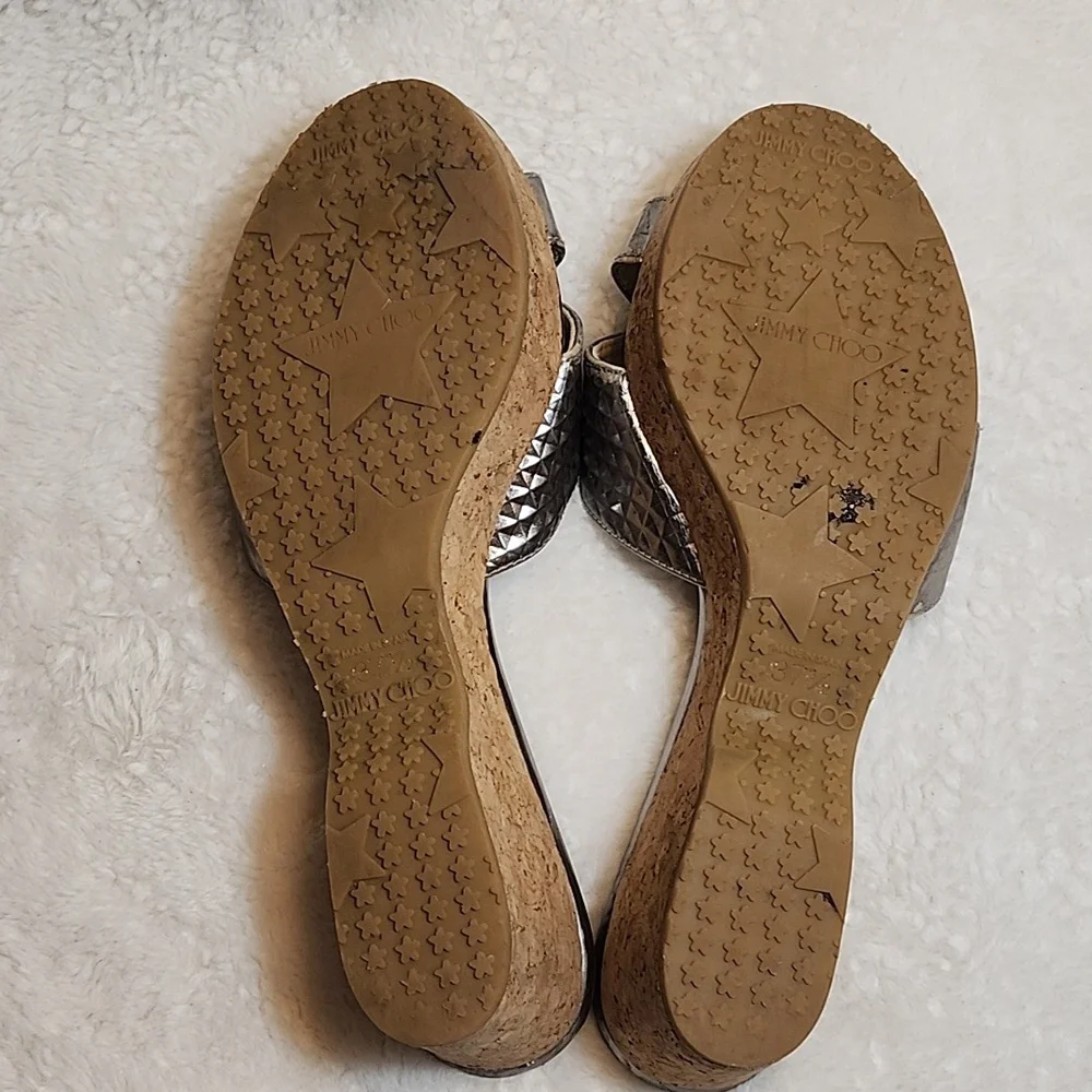 Jimmy Choo Silver Metallic Embossed Leather Panna Cork Slides Size 37.5